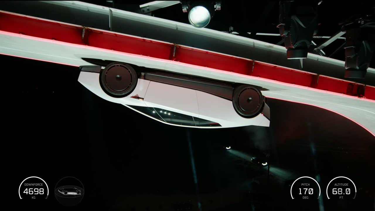 The Roadster hanging upside down from the top of the red and white C-wall, telemetry showing 170 degrees pitch